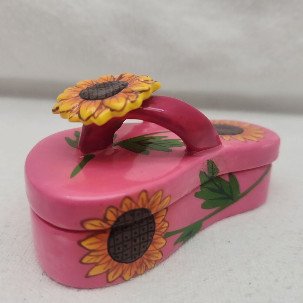 Trinket Box Retro Flip Flop Pink Sunflower Sandal Porcelain Hinged Dennis East
